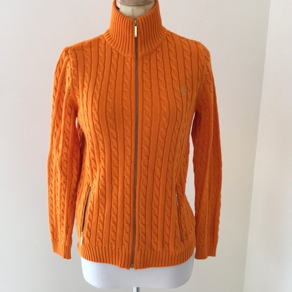 Lauren Ralph Lauren tangerine medium zippered cable knit sweater.